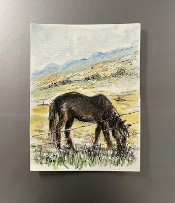 Pintura a tinta de acuarela original Ranch Horse inspirada en Remington arte occidental certificado de autenticidad Foto 1 de 4