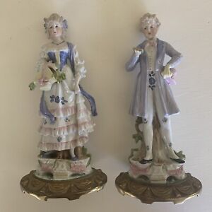 Antique Pair Porcelain Figurines. Man & Lady. (see description)