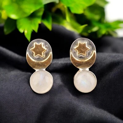 Pendientes artesanales de plata esterlina 925 con piedra lunar arco iris para esposa Foto 1 de 4