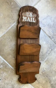 Unique Vintage Hand Crafted 3 Tier Wood Wall Mail Holder 20.75 x 6.25 x 2.75" - Picture 1 of 14