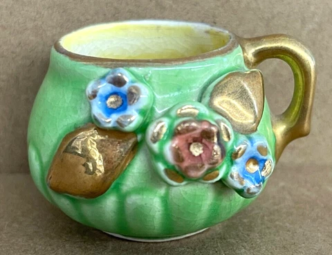Vintage Green Miniature Cup with 3D Flowers Made in Japan Cover