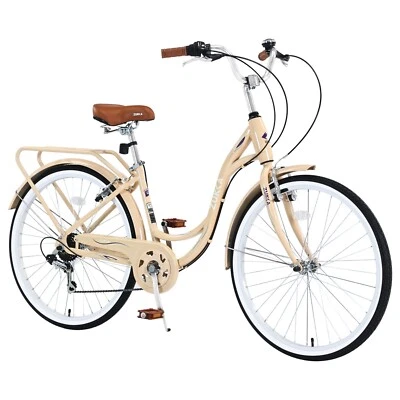 Bicicleta de 7 velocidades marco de acero beige 24 pulgadas para damas bicicleta de aleación de aluminio para mujer Foto 1 de 4