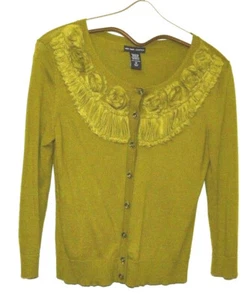 New York & Company Olive Green Cardigan Sweater Fabric Floral Accent Size M EUC - Picture 1 of 2