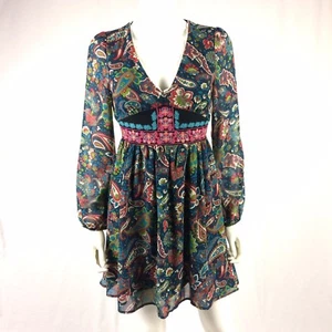Flying Tomato Juniors Sz XS Blue Multi Color Paisley Dress Boho Chic Long Sleeve - Picture 1 of 6