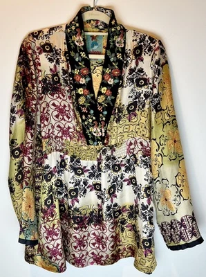 Johnny Was Tunic Top Womens Large Silk Floral Boho Embroidered Sheer Blouse - Image 1 of 4