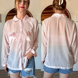 VTG 90'S MYSTIQUE INTIMATES PINK SHEER LS BUTTON UP BLOUSE LACE TRIM SIZE L - Picture 1 of 10