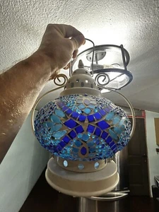 Pier One Mosaic Glass Cobalt Blue Hanging Garden Lantern Tea Light Holder 12.5” - Picture 1 of 11