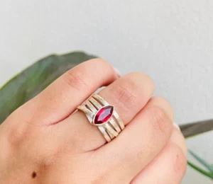 Red Garnet Boho Ring 925 Sterling Silver Band Ring Marquise Ring Antique Ring - Picture 1 of 9
