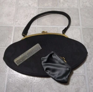 Vintage Crown Lewis Black Handbag Purse w Coin Purse And Comb - Picture 1 of 4
