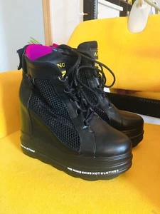 ANCK Women’s Black Leather Wedge Platform Ankle Logo Lace Up Boots Size 6 - Picture 1 of 6