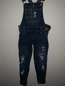 Justice Dark Wash Distressed Overalls - Picture 1 of 10