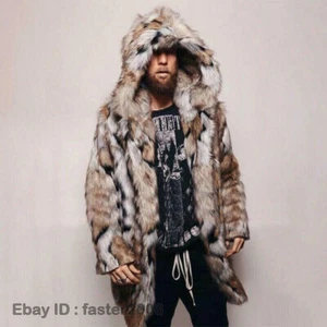 Chaqueta de invierno para hombre de piel de zorro sintética con capucha cálida de longitud media larga abrigo de fiesta prendas exteriores - Imagen 1 de 11