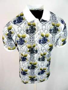 Mens Polo Shirt White Designer Italian Style Floral Prints Slim Fit Stretch - Picture 1 of 4