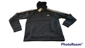 NWT MEN'S ADIDAS LARGE H09262 ESSENTIAL 3- STRIPE FLEECE BLACK/WHITE HOODIE - Picture 1 of 8
