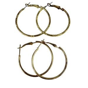 Gold-Toned Pierced Hoop Earrings 2 Pairs Bamboo & Plain Design Lightweight - Picture 1 of 12