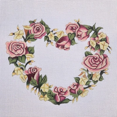 JANICE GAYNOR HP NEEDLEPOINT CANVAS:  PINK ROSE FLORAL HEART FRAME  GG - Image 1 of 2