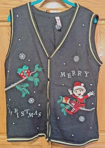 Women Knitted Sweater Vest Merry Christmas Elf Black Embroidered V Neck XXL - Picture 1 of 9