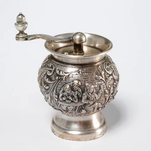 Antique Dutch Silver Repousse Pub Scene Small Pepper Grinder Mill Iris Apfel - Picture 1 of 5