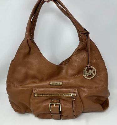 Michael Kors Fulton Pebbled Leather Large Shoulder Hobo Bag Brown Gold Tone - Image 1 of 4