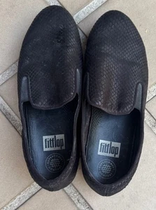 Women's Size 9 FITFLOP Black Pebbled Leather Super Comfort Slip-On Wedge Shoes - Picture 1 of 4