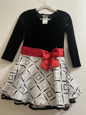 Bonnie Jean Little Girl Size 5 Christmas Holiday. Dress Black/White Velvet Bow - Image 1 of 3