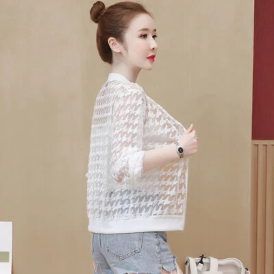Women Sun Protection Jacket Lace Cutout Coat Houndstooth Cardigan Blouse - Image 1 of 4