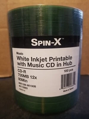 100-PK Spin-X Digital Audio CD-R DA Music White Inkjet Printable Blank Disc - Image 1 of 3