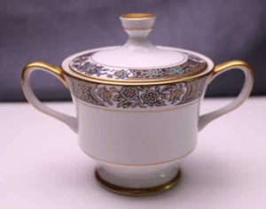 Sango TIARA Covered Sugar Bowl Gold Scrolls on Navy Blue #3847 Hand Paint Flower - Picture 1 of 5