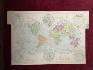 c.1885-1900 WORLD HEMISPHERES BACONS GEOGRAPHICAL ESTABLISHMENT LARGE COLOUR MAP - Picture 1 of 4