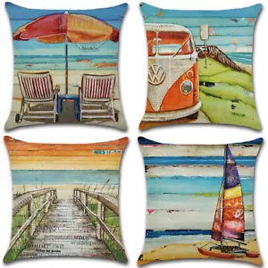 Set of 4 Pillow Covers 18x18, Pier Sunset Sailboat Pattern Style Linen Fabric - Picture 1 of 7