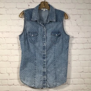 Daniel Rain Sleeveless Western Chambray Shirt Size Large Pearl Snaps Distressed - Picture 1 of 6