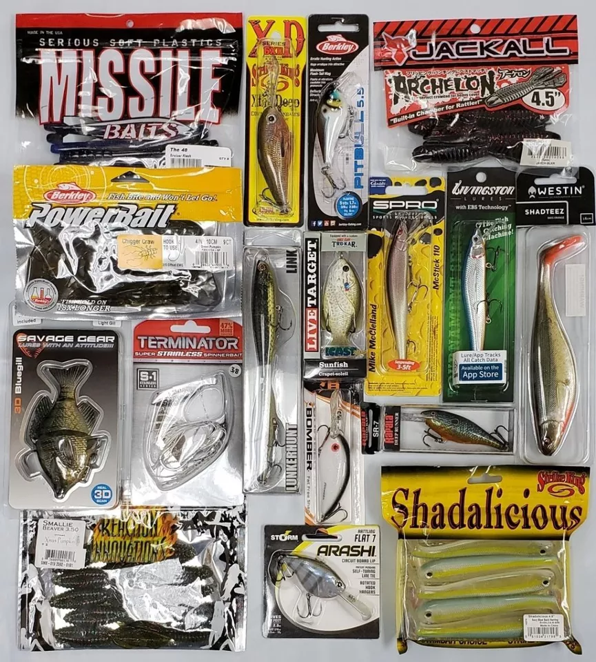 NEW Fishing Tackle Assortment Grab Box $50. Variety Lures, Soft Plastics, Hooks - Image 1 of 3
