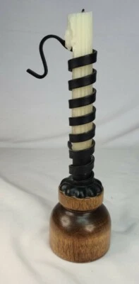 Vintage  MCM Black Metal & Wood Corkscrew Taper Candle Holder  - Image 1 of 4