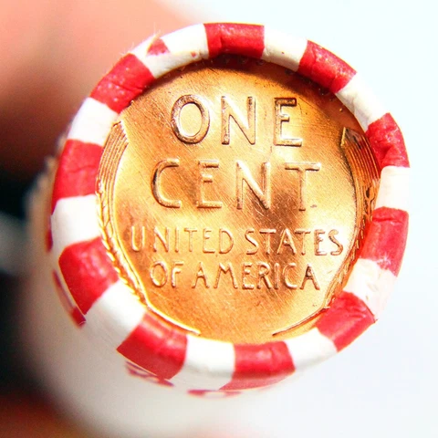 BU Penny Back Showing On End Of 50 Coin Circ Wheat Cent Shotgun Roll Cover