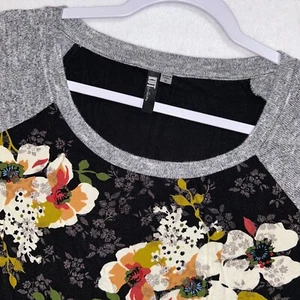 Kut From The Kloth Womens Top XL Raglan Black Gray Multicolor Floral Blouse - Picture 1 of 7