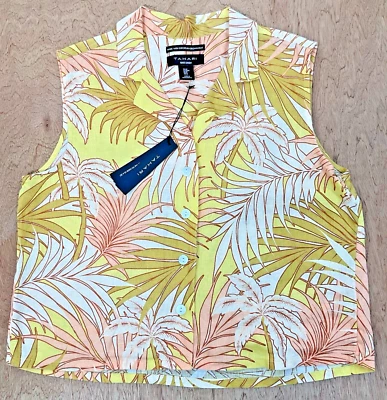 Camisa Tahari Tank Mujer Mediana 100% LINO Recortada Neón Estampado Palma Lino - NUEVA Foto 1 de 4