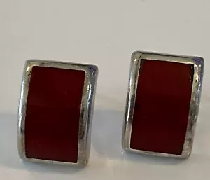 Vintage Sterling Silver Red Agate Chunky rectangle Earrings Marked Mexico925 - Picture 1 of 12