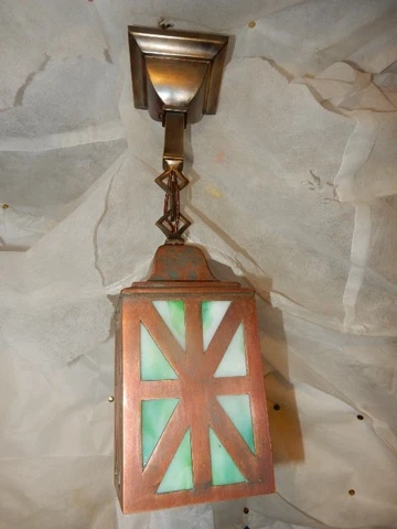 Mission Arts & Crafts Brass Pendant Light Fixture w Slag Glass Shade Cover