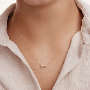 14K Real Solid WHITE Diamond Paperclip Pendant Necklace 18” Great Gift Present - Picture 1 of 10