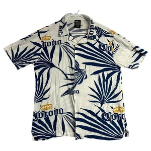 Corona Shirt Mens Medium White Blue Rayon Hawaiian Palm Logo Button Front - Picture 1 of 8