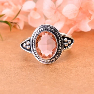 Morganite Gemstone Solid 925 Sterling Silver Adjustable Ring Bride Jewelry V2997 - Image 1 of 4