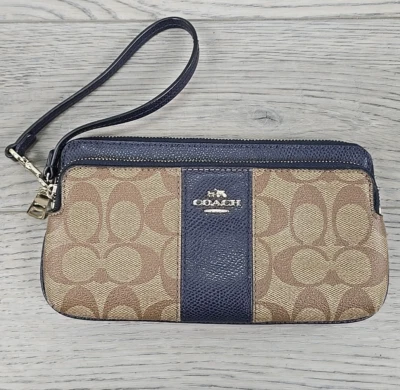 Cartera Muñequera Coach Cuero PVC Doble Cremallera F52848 - Marrón y Azul Marino Foto 1 de 4