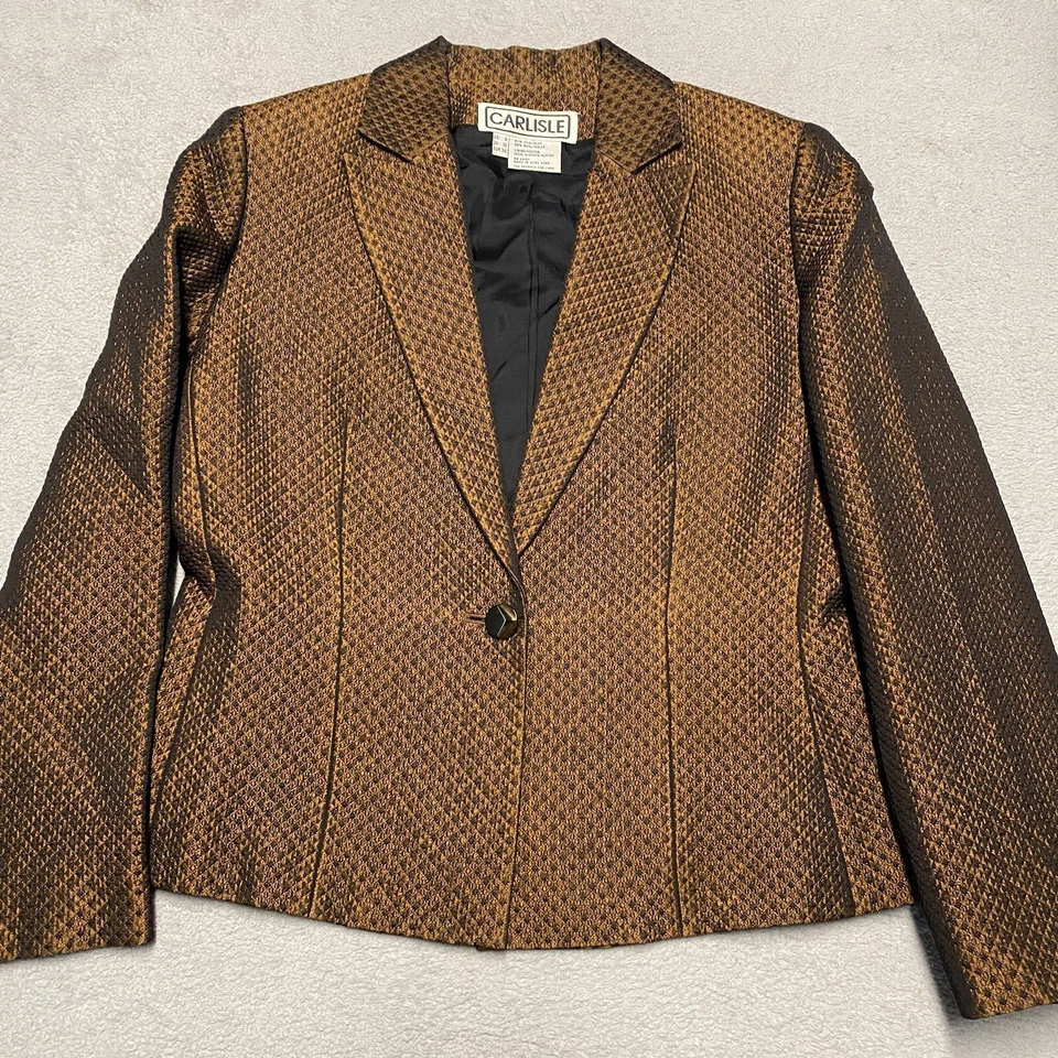 Carlisle Blazer 女式 8 棕色丝绸羊毛几何图案 1 按钮别致职业复古 — 第 1/4 张图片