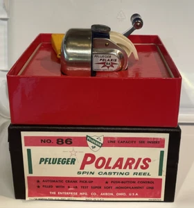 Nuevo de Lote Antiguo 1962 Pflueger POLARIS Nº Carrete de fundición giratorio con botón pulsador de mango azul 86 con caja - Imagen 1 de 15