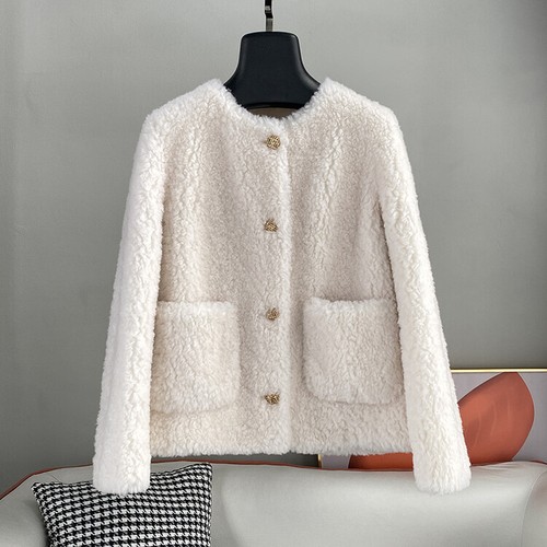 OFF WHITE Cappotto corto donna 100% lana agnello pelliccia shearling soprabito girocollo bottoni chic