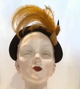 Vintage 50’s Marie Belle Brown Wool Felt Hat Mustard Bird 40’s Tilt Fascinator - Picture 1 of 12