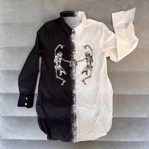 Halloween skeleton L Tall long sleeve button up black white shirt EUC - Picture 1 of 4