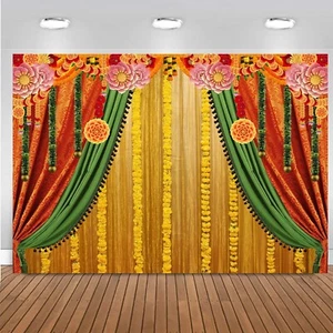 India Pooja Traditional Backdrop Banana Leaf Chatiya Ganesh Photo Background - Picture 1 of 18