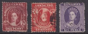 Bahamas QV 1863 1d x 2 (inc inverted) & 6d. Cat app £200. - Picture 1 of 2