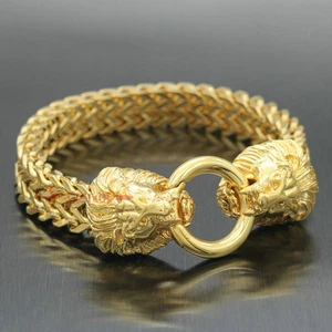Gold Plated Stainless Steel Lion Heads Franco Curb Chain Men's Rocker Bracelet - Foto 1 di 9